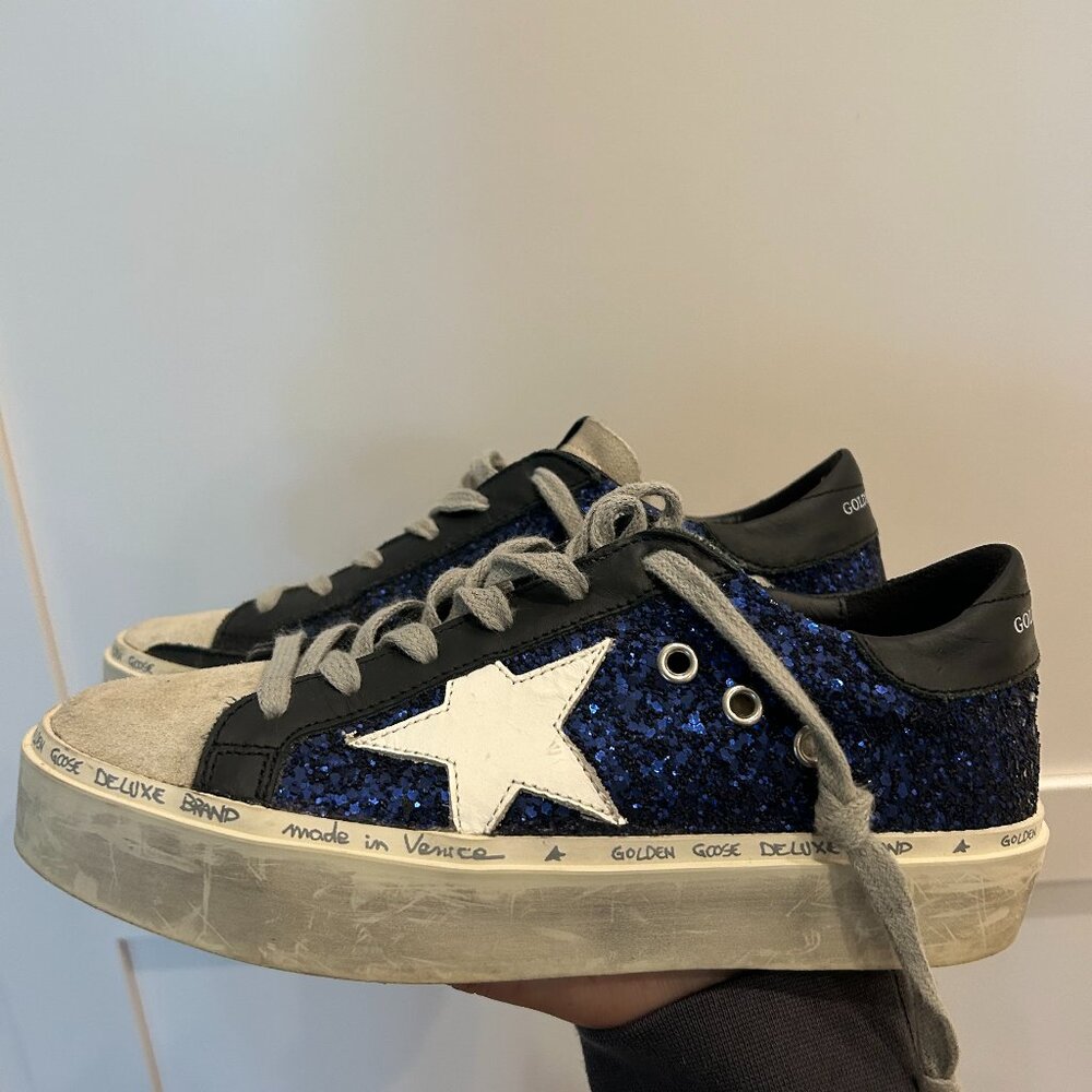 Golden Goose Platform Shoes, Womens 36, Navy Glitter, Cream & GGDB Shoe Bag